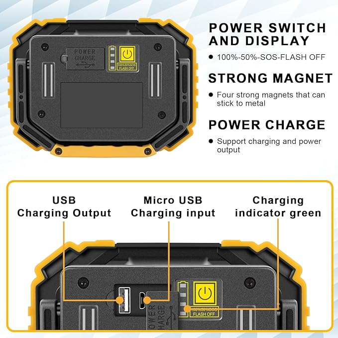 Sunzone LED Work Light, Rechargeable Magnetic Flood Lights with Stand, Waterproof Portable Job Site Lighting for Camping, Fishing, Hiking, Car Inspection with Emergency Mode (2 Pack)