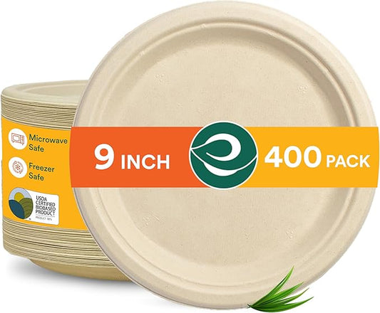 ECO SOUL 100% Compostable 9 Inch Paper Plates 400 [4x100 Pc], Biodegradable, Disposable Bagasse Paper Plates | Heavy-Duty Eco-friendly Dinner | Sturdy, Microwave & Oven Safe