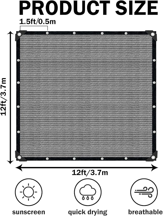 Sun Shade Cloth with Grommets,90% UV Protection Shade Fabric,Pergola Shade Cover Canopy Fence Privacy Screen Balcony,Sunshades for Patio Pergola Garden Backyard Porch Outdoor,Grey-12x12FT