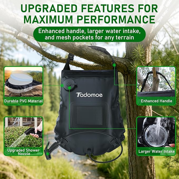 Portable Shower for Camping with 5-Gallon Solar Shower Bag,Temperature Gauge & Dual Spray Modes,Solar Heating PVC for Hot Showers,Perfect for Camping,Hiking,Beach Trips & Outdoor Adventures