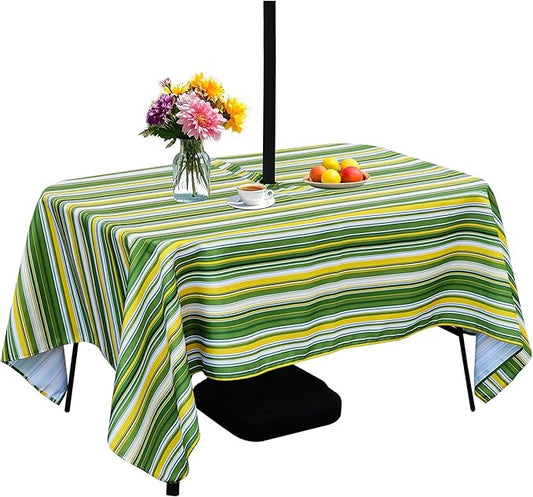 SquarePie Outdoor Tablecloth Rectangle with Umbrella Hole and Zipper Waterproof Stain Resistant Table Linen Cloth for Patio Picnic Garden Party, 52x70 Green Stripe