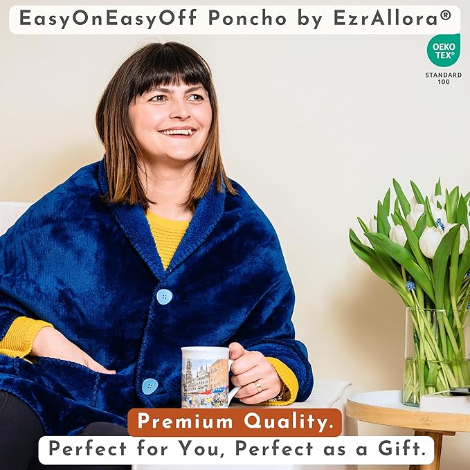 Premium Double Layer Poncho Blanket for Women -Drape and Go No Sleeves- Sherpa Fleece Shawl with Pockets - Wearable Blanket - Gifts for Her Mom and Grandma (Blue)