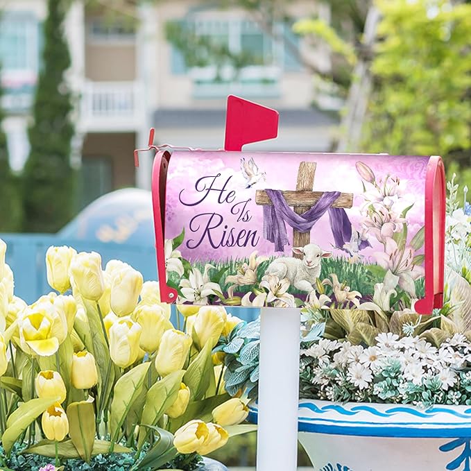He is Risen Cross Christian Mailbox Cover Magnetic Standard Size 21x18 Inch Spring Easter Letter Box Wrap Religious Lily Floral Sunrise Lamb decorative Dust-Proof Letterbox Covers for Home Garden Yard