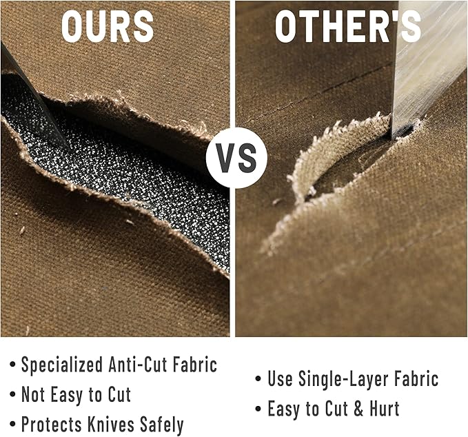 Chef Knife Storage Roll, Heavy Duty 16oz Waxed Canvas Knife Holder, Knife Roll with Cut Resistant Fabric, 4 Slots Knife Bag with Tie Rope - Dark Green