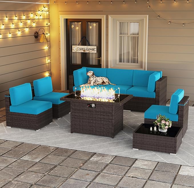LayinSun 8 Pieces Outdoor Patio Furniture Set with 44" Fire Pit Table Rattan Sectional Sofa Conversation Sets