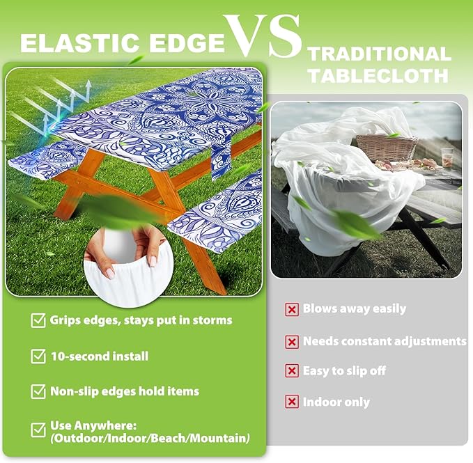 Picnic Table Cover with Bench Covers Vinyl Elastic Edges Fitted Rectangle Seat Tables Waterproof 3-Piece96X30in Set Outdoor Rectangular Folding Backing Tablecloth for Camping Over SizeTie-Dye118