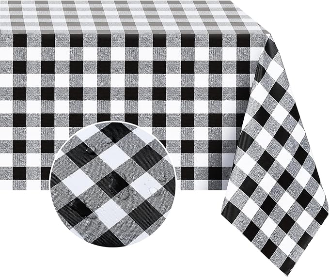 Romanstile Rectangle Vinyl PVC Tablecloth, 100% Waterproof Buffalo Plaid Plastic Table Cloth, Oil Proof Heavy Duty Wipeable Table Covers for Dining/Camping/Picnic/Outdoor - 52 x 70, Black and White