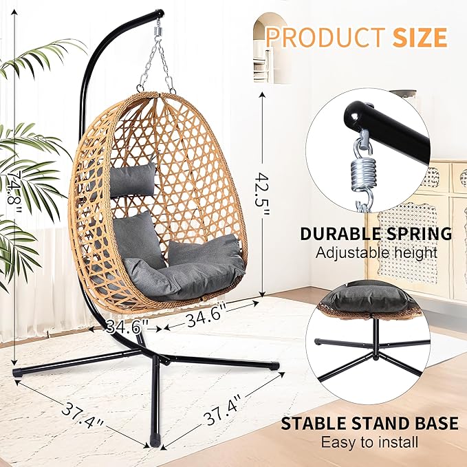 Hanging Egg Chair with Stand, Patio Wicker Swing Chair, Hammock Style with 350LBS Capacity for Bedroom, Balcony, or Garden (Yellow-Grey)