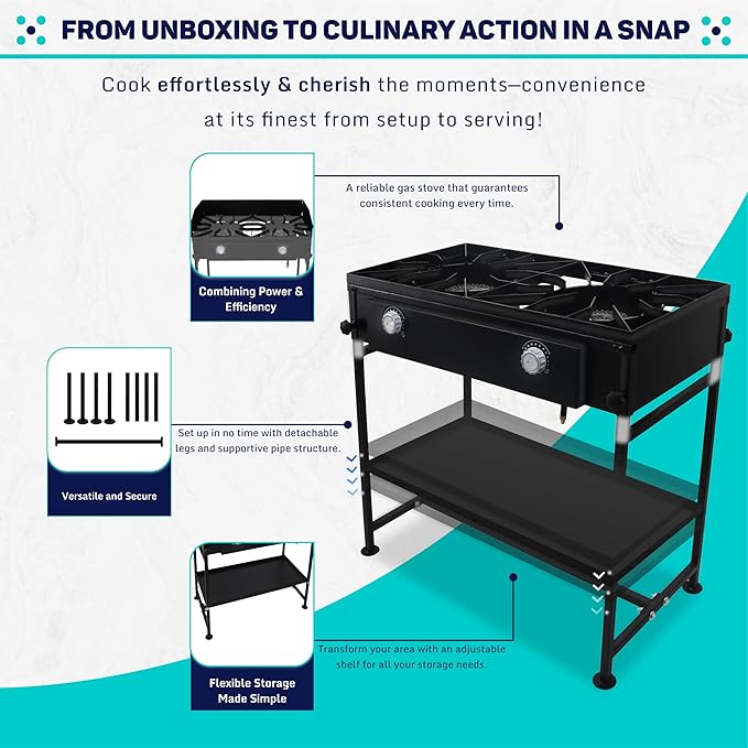 Double Burner Propane Stove Outdoor - 150,000 High btu 2 Burner Outdoor Stove W/Detachable legs & Bottom Shelf Double Propane Burners for Outdoor Cooking W/CSA-Approved 0-20 PSI Regulator & Hose