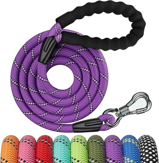 NTR 6FT Heavy Duty Dog Leash Purple Rope Dog Leash Swivel Lockable Hook and Comfortable Padded Handle Cat Puppy Leash Lead Small Medium Large Dogs Training Playing Camping,or Backyard 6ft*1/2Inch