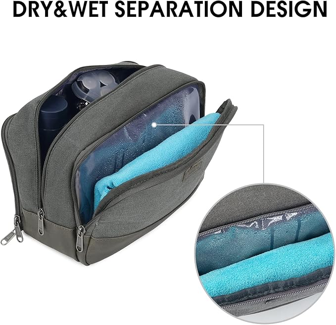 WANDF Travel Toiletry Bag for Men Large Toiletries Shaving Bag Water Resistant Hanging Dopp Kit Travel Accessories Bag for Women Men (Grey)