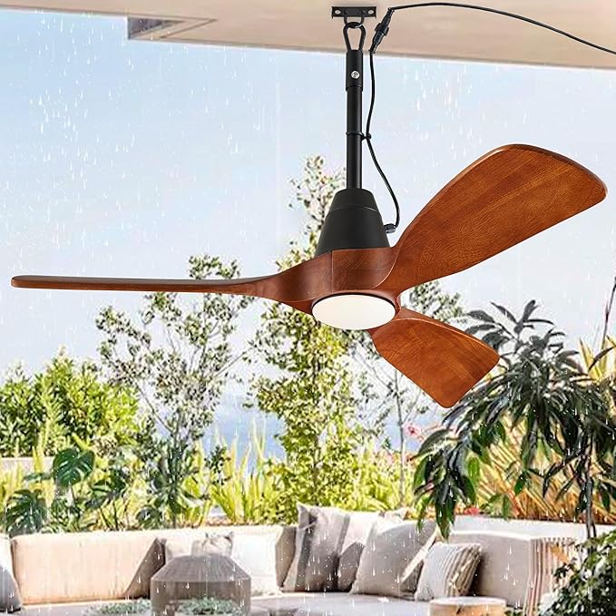 3 Blades Wood Outdoor Ceiling Fan with Light for Patios, Farmhouse Rustic Ceiling Fans with Lights, 42" Plug-in Wet Rated Outdoor Gazebo Fan for Exterior House Porch Patio, Waterproof,F248