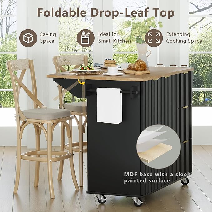 win2win Rolling Kitchen Island with Storage, Portable Kitchen Island with Drop Leaf Breakfast Bar, Modern Farmhouse Kitchens Cart on Wheels with Fluted Design, Towel Rack, Spice Rack, Black
