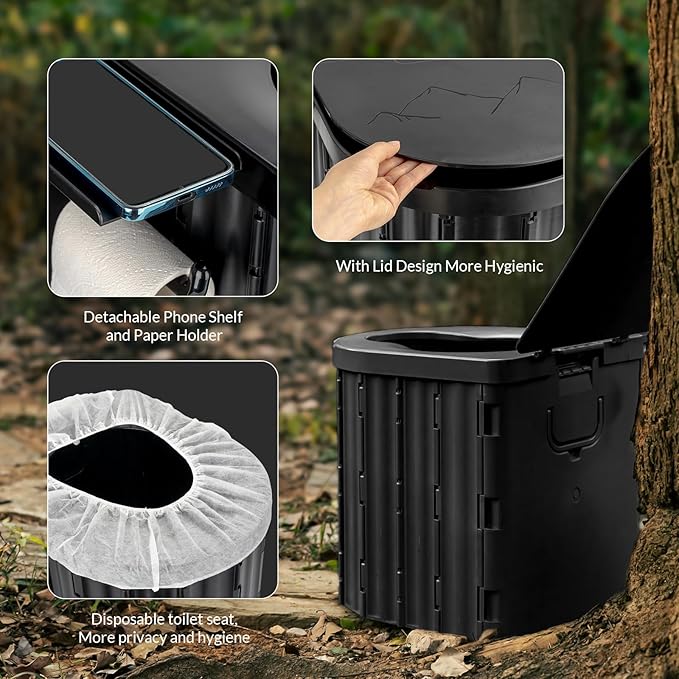 Portable Toilet, Upgraded 15'' Camping Toilet for Adults with Lid, Folding Toilet with Removable Paper Holder, Travel Portable Potty for Camping, Hiking, Roadtrip, Tent, Truck Drivers