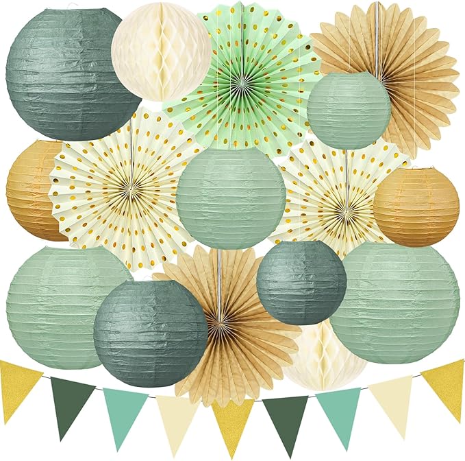 17Pcs Sage Green Party Decorations, Sage Green Gold Cream Paper Lanterns Paper Fans for Baby Shower Birthday Wedding Engagement Bridal Shower Party Decorations