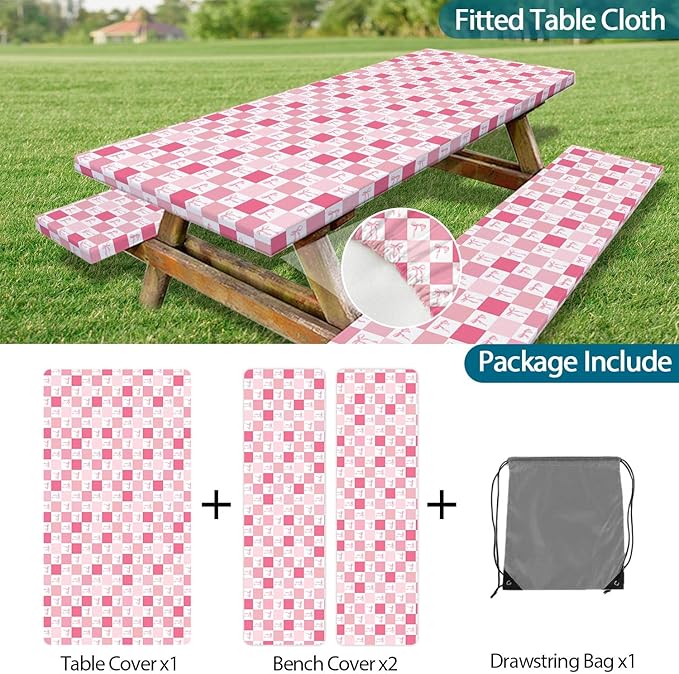 Picnic Table Cover with Bench Covers, Checkered Bownot Elastic Edges Waterproof Windproof Camping Essentials, Camping Fitted Tablecloth with Drawstring Bag, 72in, Pink White