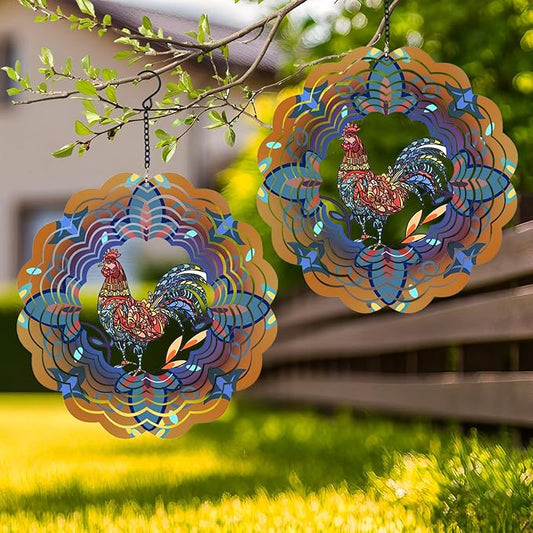 2 Pack Rooster Metal Wind Spinners - Chicken Gifts for Women Mom Grandma Wife, Hanging Wind Spinner for Outdoor & Indoor Decorations, 12 inch Wind Spinner for Christmas Thanksgiving Ornament Gifts