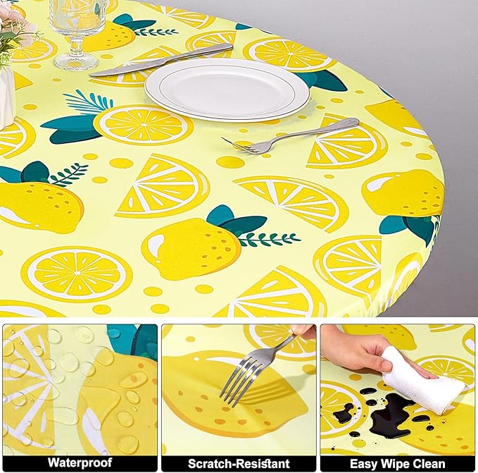 Round Tablecloth Fitted Elastic Table Cover Waterproof Table Cloth for Dinner, Party, Picnic,Camping, Round Table Cover for Indoor Outdoor