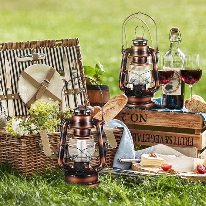 Hortsun 8 Pieces 8 Inch Vintage LED Hurricane Lantern 12 Warm LEDs and Dimmer Switch Battery Operated Farmers Hanging Lantern for Indoor Outdoor Camping Usage Decor