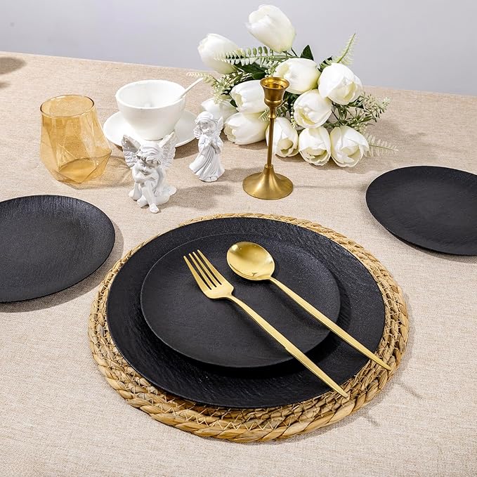 WONDERFUL 32pcs Black Plates Black Plastic Plates Unbreakable and Reusable Plastic Plate Dishwasher safe Dishes Set Includes:16 Dinner 10" and 16 Dessert Plate 7.3" Suitable for BBQ & Camping