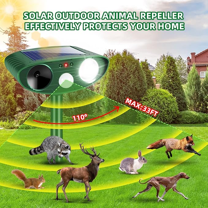2025 Upgraded Solar Animal Repellent,4 Pack Cat Repellent Outdoor with Motion Sensor & Flashing Light,Ultrasonic Control for Squirrel Deer Raccoon Rabbit Skunk Dog Coyote Deterrent for Yard Garden
