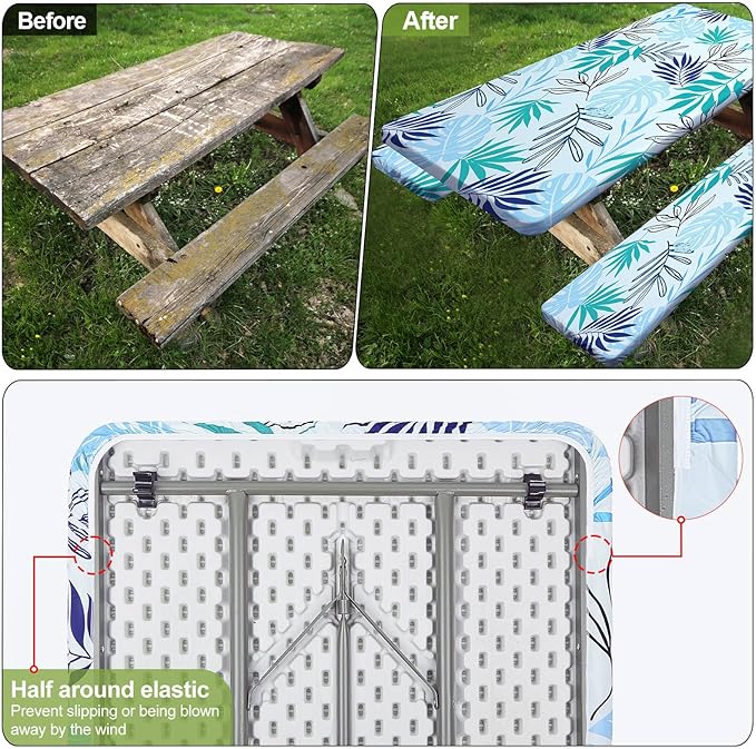 Picnic Table Cover with Bench Covers Camping Essentials Waterproof Windproof Camping Tablecloth with Drawstring Bag, Fitted Rectangle Tables and Seats, 60in, Light Green Blue