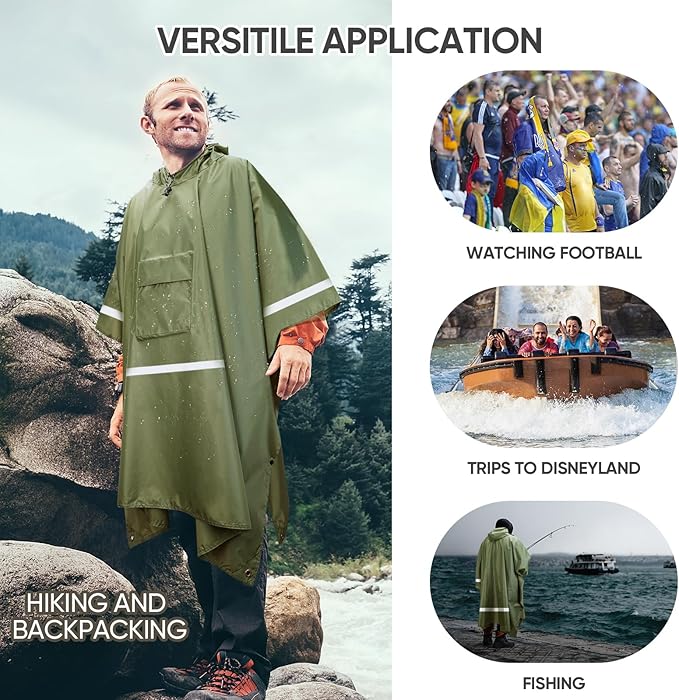 PTEROMY Hooded Rain Poncho for Adult with Pocket, Waterproof Lightweight Unisex Raincoat for Hiking Camping Emergency