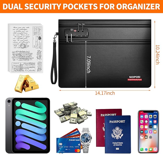 Noiposi 6400℉ Fireproof Document Bag with Lock,Dual-Zip Compartments Fireproof Money Bag for Cash and Documents,12 Layers Heat Insulated Fireproof Bag with Zipper,Protects Important Papers,Valuables