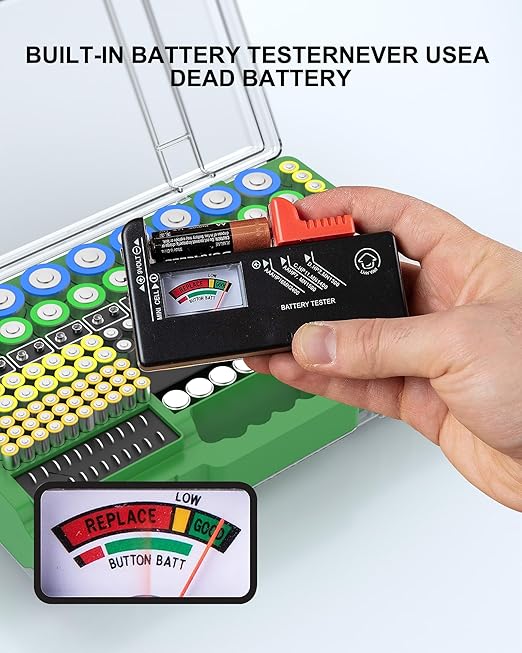 Battery Organizer Storage Holder Box Case with Tester, Ultra-Large 280+ Batteries Double-Sided Variety Pack,Holds AA AAA 4A C D Cell 9V 3V Lithium18650 LR44 CR2 CR123 CR1632 - Green