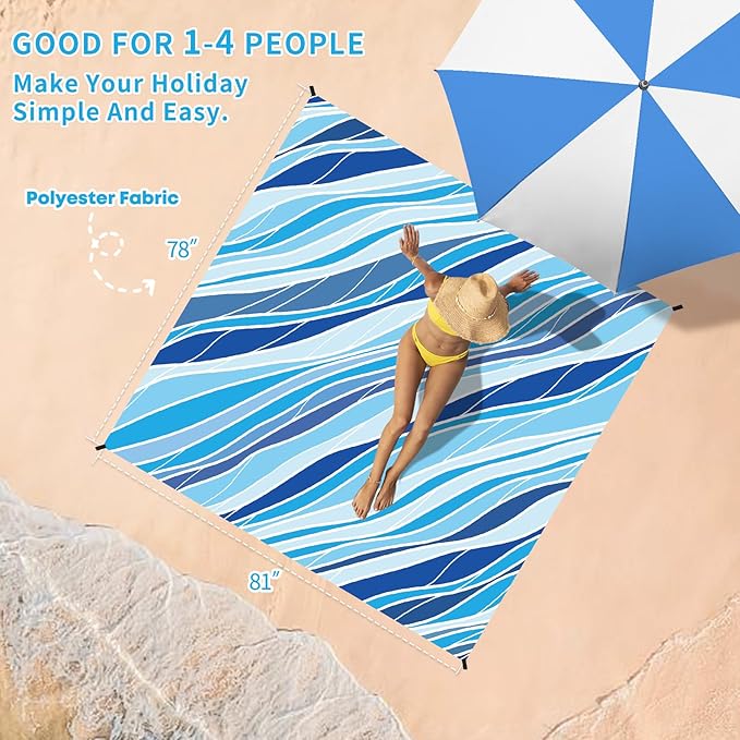 BYDOLL Beach Blanket Waterproof Sandproof 78''×81'' Suits1-4 Adults Compact Lightweight Oversized Sand-Free Blanket Large Picnic Mat for Beach Travel Camping Hiking