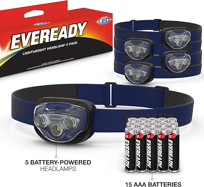 EVEREADY LED Headlamps Pro200 [5-Pack], IPX4 Water Resistant, Bright and Durable Head Lights for Camping, Hiking, Emergency Power Outage (Batteries Included)