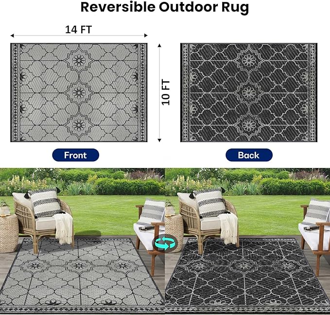 Outdoor Rug 10x14Ft, Waterproof Outdoor Patio Rug for House Deck Reversible Plastic Straw Mat for RV Camping Picnic Beach Balcony (Black Gray)