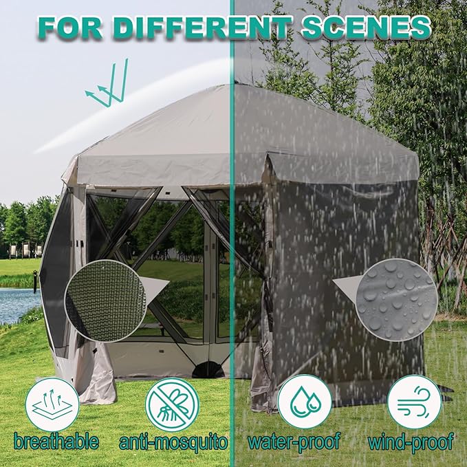 Pop Up Screen Tent, 10'x10' Windproof & UV Protection Sun Shelter, Portable Instant Setup, 6-Sided Screen Tent for Picnic, Camping, Backyard, Outdoor (Grey)
