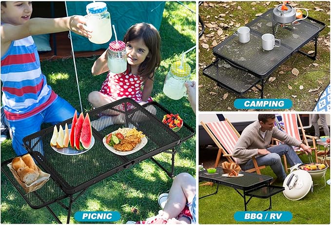 Small Low Camping Table with 2 Wing Panels, Folding Low Picnic & Outdoor Table with 2 Shelves, Lightweight & Easy Carry for Beach, Fishing, Sturdy Steel Mesh Top (3 FT, Black)