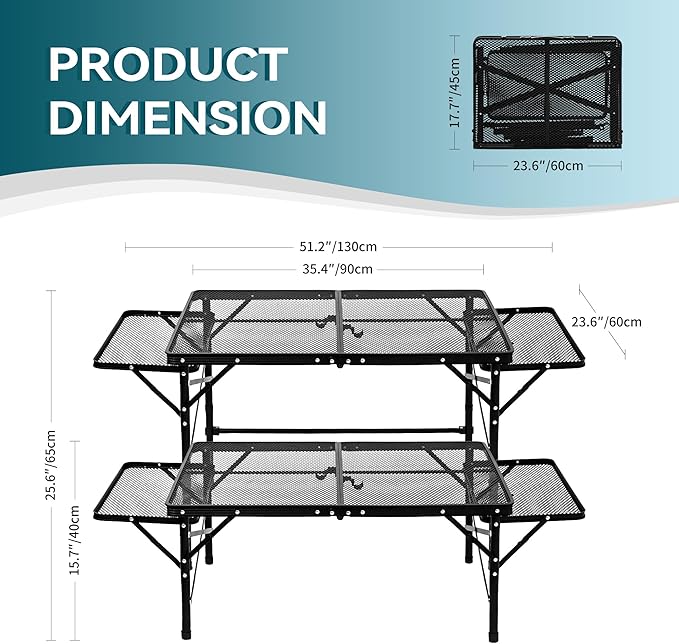 Portable Folding Camping Table with Mesh Side Shelves, Easy for Storage, Compact and Portable Picnic Table for Grill, Outdoor Camping, Black