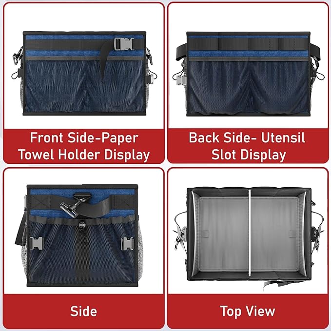 FANGSUN Large Grill and Picnic Caddy with Paper Towel Holder, BBQ Organizer for Utensil, Plate, Condiment, Collapsible & Easy Carry Griddle Caddy, Must Haves for Outdoor, Camper, Travel, Car, RV