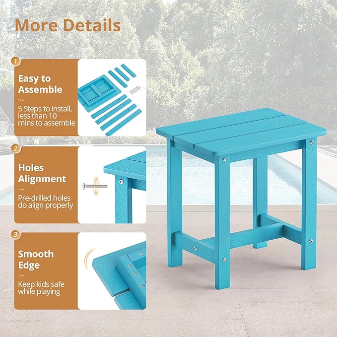 LUE BONA Outdoor Side Table, HDPS Small Outdoor Adirondack Side Tables, Outside End Table for Patio, Porch, Deck, Pool, Weather Resistant/Easy Maintenance, Sky Blue