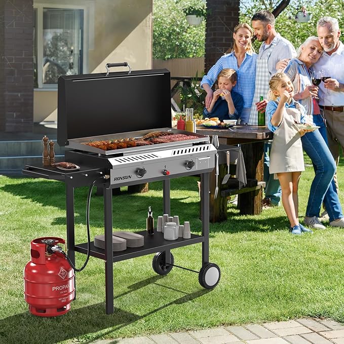 ROVSUN 2 Burner Outdoor Propane Gas Stove with Auto-ignition, Regulator & Shelf, 150,000 BTU Powerful Stand Cooker for Backyard Patio Cooking Home Brewing Canning Turkey Frying