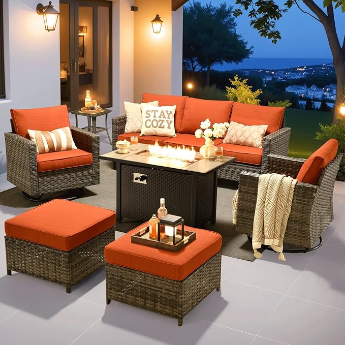 ovios 7 Pieces Patio Furniture Set with 42" Fire Pit Table, Outdoor Wicker Sofa with Swivel Chairs, All Weather High Back Rattan Couch Conversation Set, Orange Red