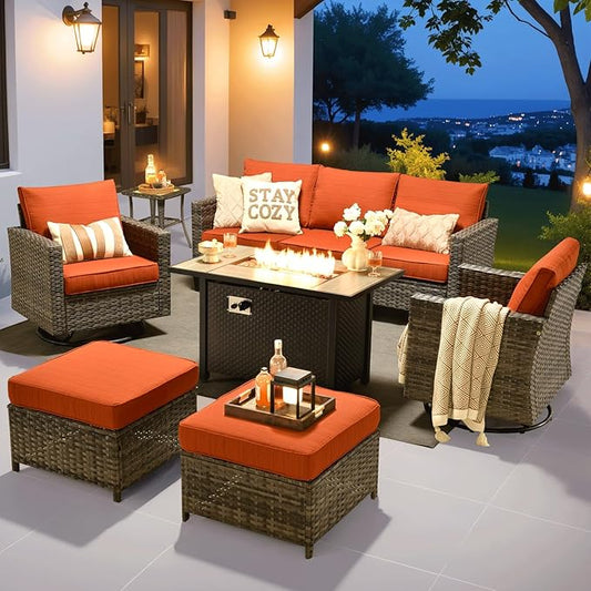 ovios 7 Pieces Patio Furniture Set with 42" Fire Pit Table, Outdoor Wicker Sofa with Swivel Chairs, All Weather High Back Rattan Couch Conversation Set, Orange Red
