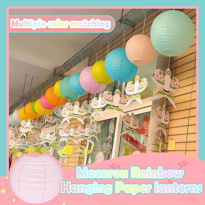 12Pcs 8" Colorful Pastel Paper Lanterns for Classroom Spring Children's Room Mother's Day Baby Shower Wedding Birthday Party Decorations, Macaron Rainbow Pastel Classroom Decor (8 inch)