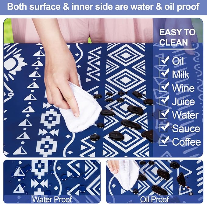 Picnic Table Cover with Bench Covers Camping Essentials Waterproof Windproof Camping Tablecloth with Drawstring Bag, Fitted Rectangle Tables and Seats, 72in, Bohemian Navy Blue