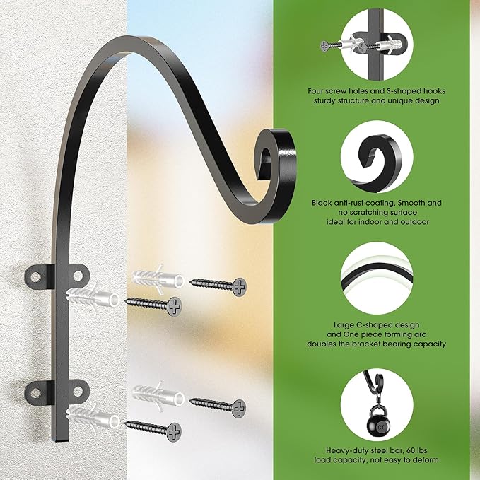 2Pack Heavy Duty Plant Hanger Hook for Outdoor and Indoor, 16Inch Wall Hanging Basket Bracket, Black Metal Outdoor Hanging Bracket for Hanging Flower Pot Bird Feeder Lanterns