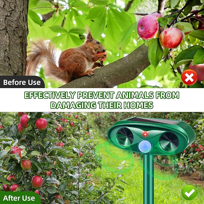 4 Pack 2025 Ultrasonic Solar Animal Repellent Outdoor, Squirrel Fortress Pro Deer Repellent Devices Motion Detection,Waterproof Repeller for Cat Mouse Raccoon Dog Rabbit,Garden Yard Protection