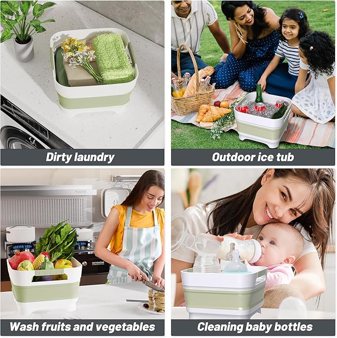 Collapsible Dish Basin, 9L Capacity, Portable Sink for Kitchen, Camping, RV, Gray (Green)