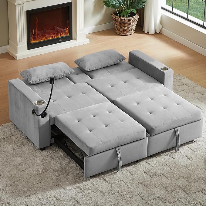 66" Multi-Functional Pull-Out Sofa Bed with Hidden Side Table, Storage Armrests, Built-in Charging Port, Spring Mattress, Solid Wood Frame – Ideal for Small Spaces, Easy Assembly