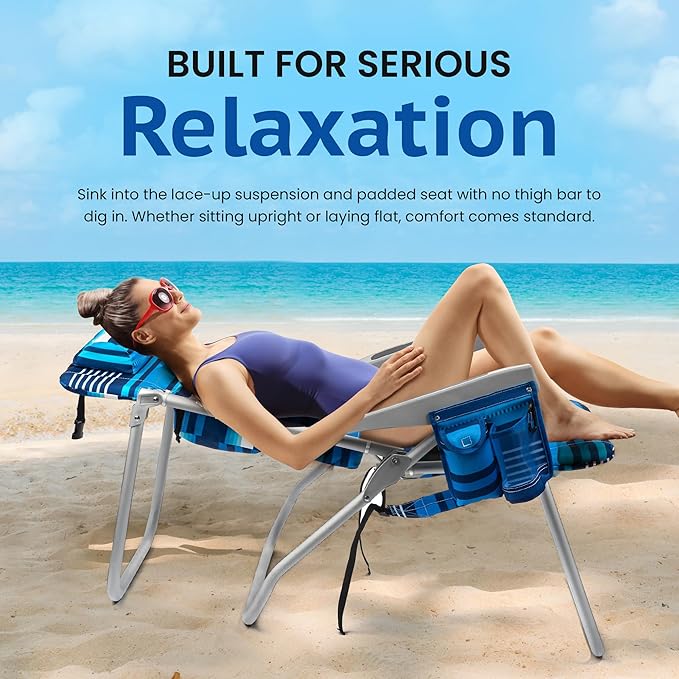 Homevative Backpack Fold-Up Beach Chair, 5 Positions, Towel bar, Cooler, Storage Pouch, Cup Holder and Phone Pocket