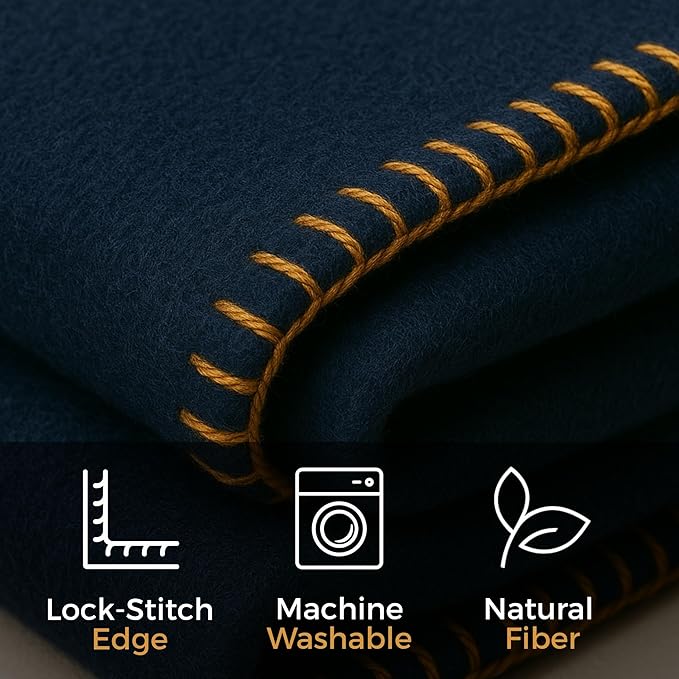 Wool Camping Blanket – 70% Wool Heavy-Duty Military Style Throw, Warm & Washable, Fire Retardant Cover for Emergency, Survival & Outdoor Use – Perfect for Camping, Car, Home & Hiking, Navy 66x90