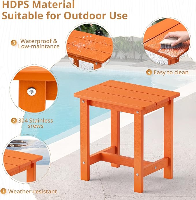 LUE BONA Outdoor Side Table Set of 2, HDPS Small Outdoor Table, Adirondack Side Table, Outside End Table for Patio, Porch, Deck, Pool, Weather Resistant/Easy Maintenance/Indoor or Outdoor Use, Orange