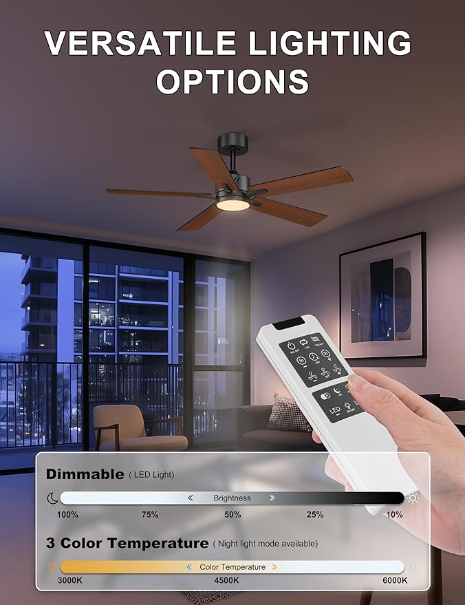 Ohniyou 48'' Ceiling Fans with Lights and Remote, 6 Speeds, 3 Colors & Dimmable LED Light, Reversible DC Motor Ceiling Fan with Walnut Blades